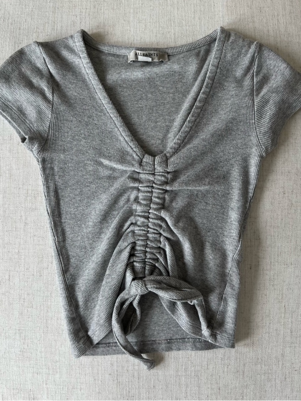 All Saints Ruched Tie-Front Ribbed V-Neck Top